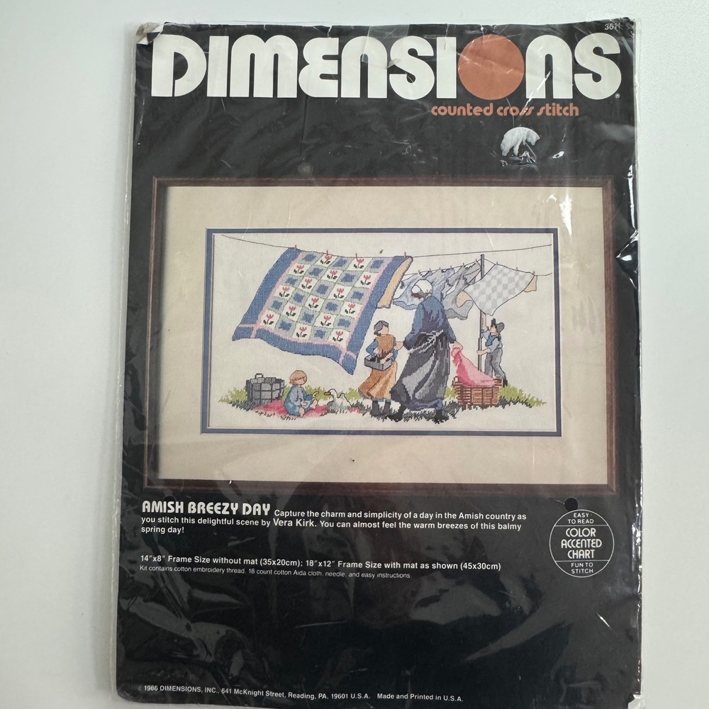 Vtg. 1986 Dimensions Amish Breezy Day Counted Cross Stitch Kit (3611) 18"x12"
